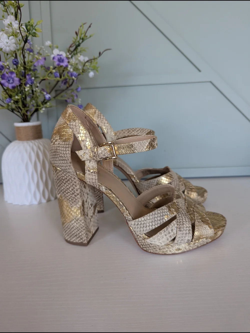 Michael Kors Gold Snakeskin Block Heel Sandals with Ankle Strap